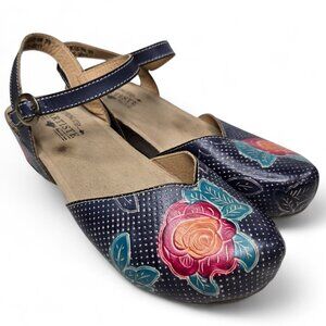 L Artiste Lizzie Sandals Women's Hand Painted Rose Closed Toe Ankle Strap 8.5